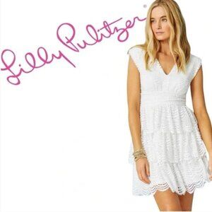 Lilly Pulitzer Faye Lace Ruffle V-Neck Mini Dress with a Scalloped Hem Large NWT